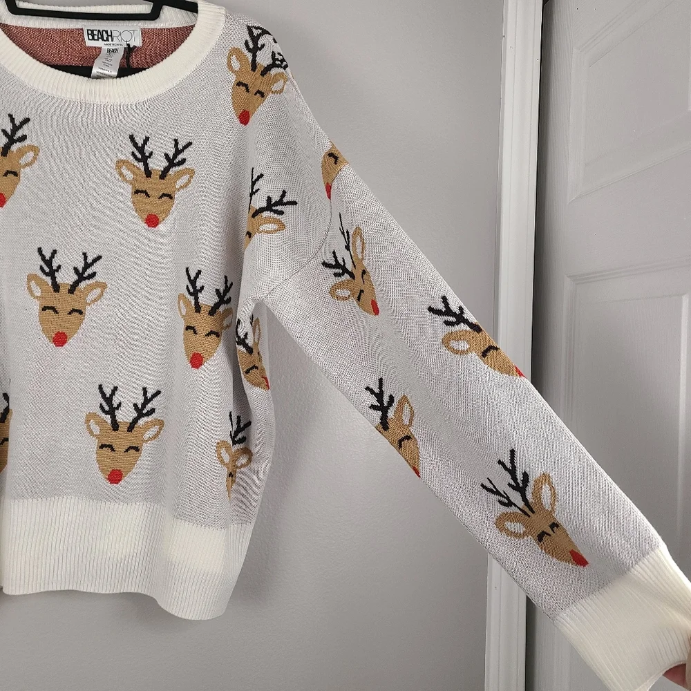 Anthropologie Beach Riot Christmas Reindeer Novelty Pullover Crewneck Sweater XL